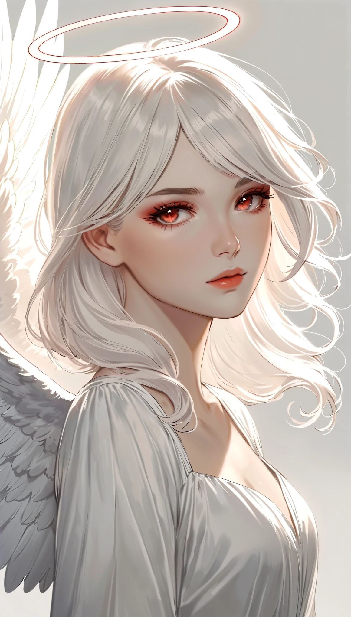 ,in style of Charlie Bowater White Angel，The only thing that glows is the halo，Black and red radiate，