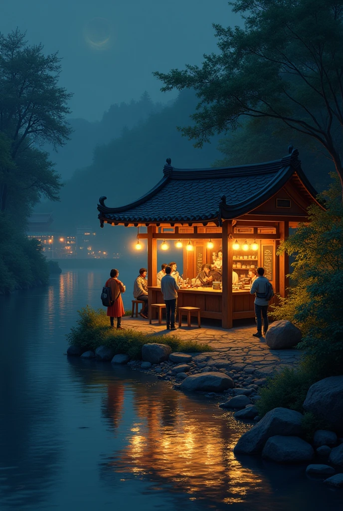 A tea stall with some of customers beside a river at night mode