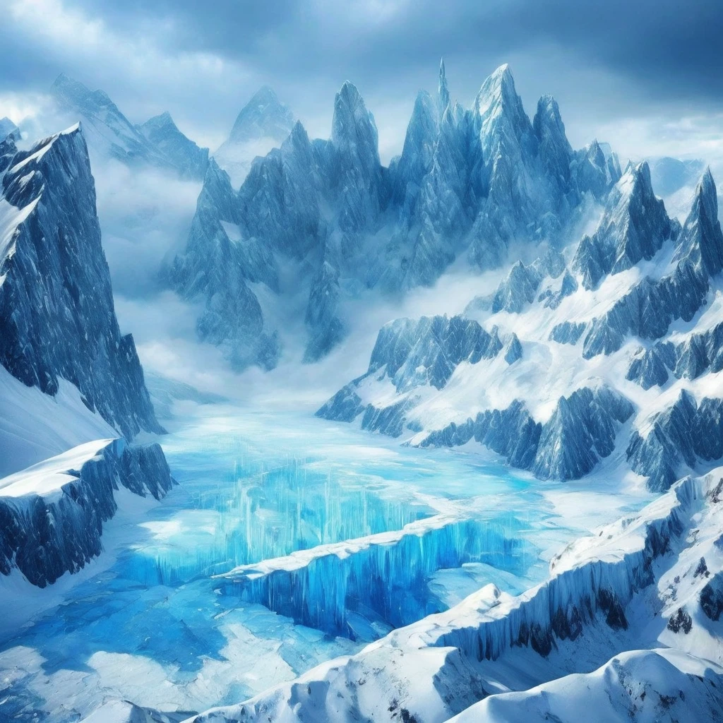 (masterpiece, Highest quality, Realistic, beautifully、aesthetic:1.3), ice, unmanned, Frozen Earth、 ice mountain, From above、Snowstorm