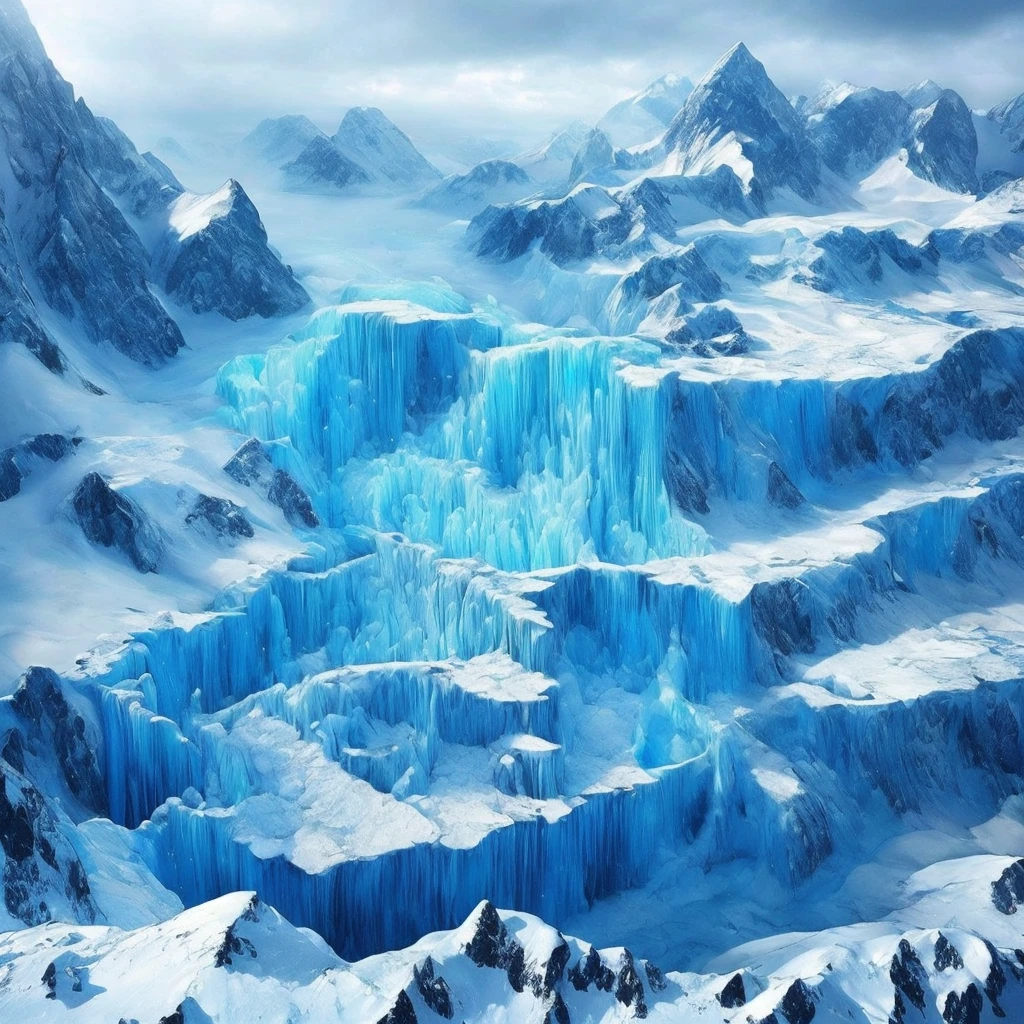 (masterpiece, Highest quality, Realistic, beautifully、aesthetic:1.3), ice, unmanned, Frozen Earth、 ice mountain, From above、Snowstorm