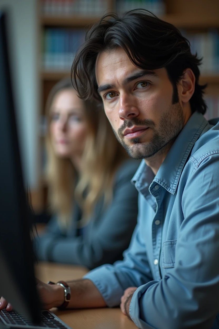 (Male teacher with slightly disheveled black hair, deep, piercing brown eyes, Strong jaw and prominent chin. Erect and confident posture, firm and determined hands, using computer in computer lab at university. A woman with blonde hair and blue eyes, looking at the computer screen or at another desk typing. (programming, programming language))