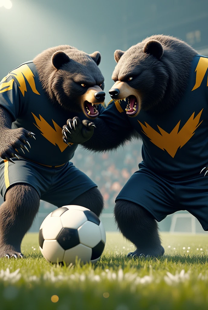 A bear playing soccer, He carries a ball at his foot and another bear sweeps it, aggressive black with much more aggressive soccer uniforms