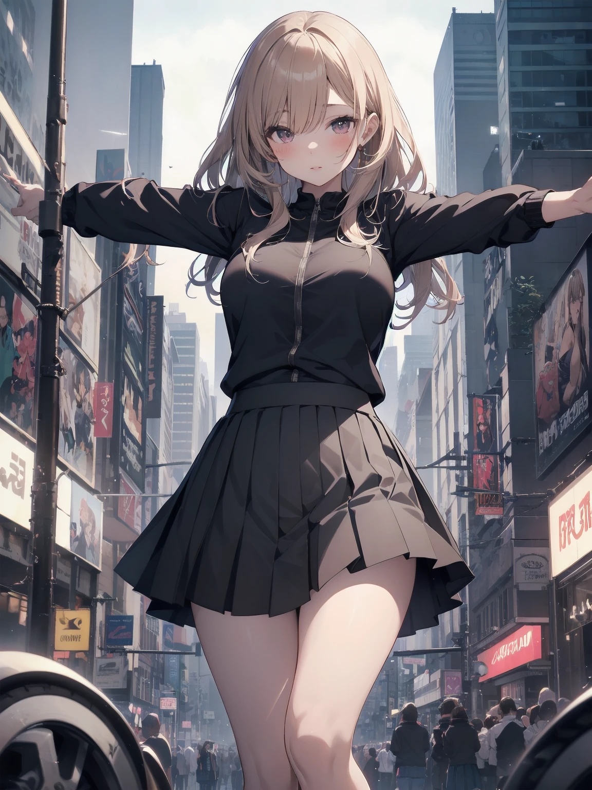 Highly detailed CG Unity 8k wallpaper, best quality, highly detailed, masterpiece, Highly detailed cute girl, 18 years old, (((lifting skirt by herself))), (lifting by herself), dynamic angles, sexy pose, blush, lips apart, looking at the audience , half body shot, (crowd), (crowded big city)), hair over one eye, immaculate beauty, upscale, less revealing clothing
