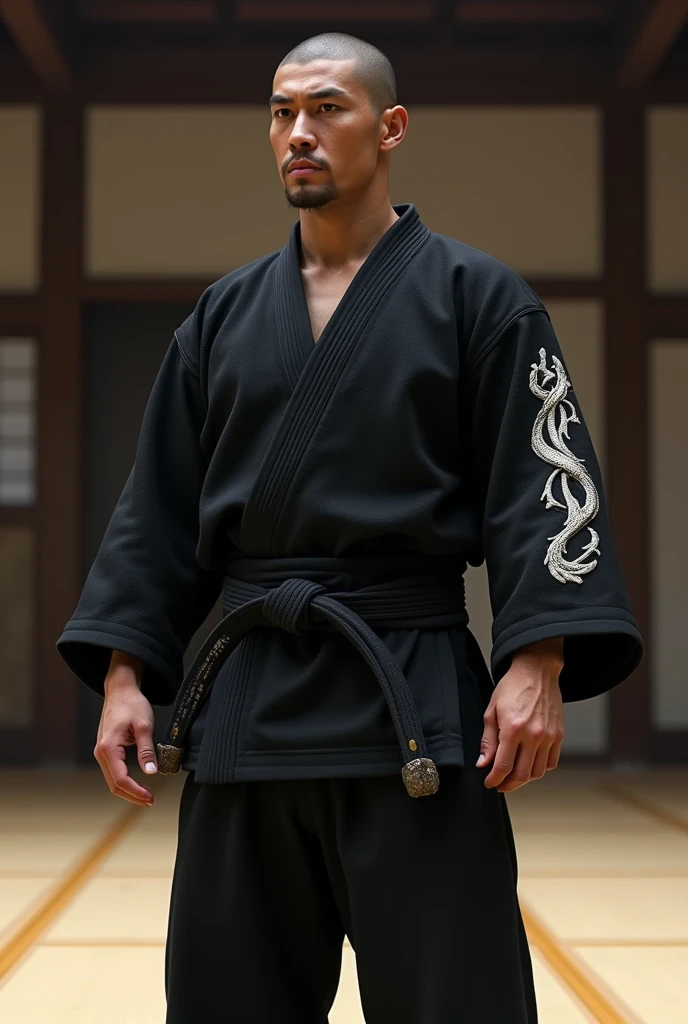 Jiujitsu fighter in black kimono, facing the front , Seriously, concentrated look, mentalizing, tatami environment, clearing, highlighting the kimono and kimono details , kimono sleeves patterns , long to the wrist, standing , showing the whole image