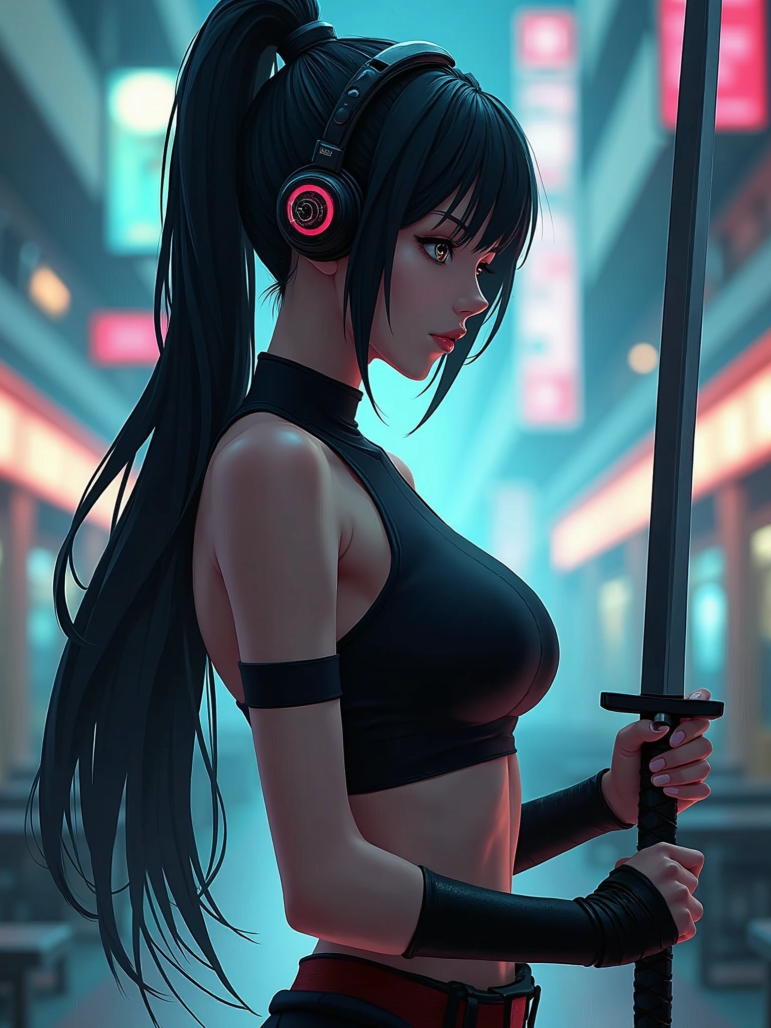 1woman,matured,perfect body,tall ,drawing a katana stance,stoic ,calm,cyber punk,school dress,skirt,high tech head phones,anime school scene,blunt bang hair,super long black hair,high tech cyber punk outfit,close up shot, AnimagineXL v3.1,