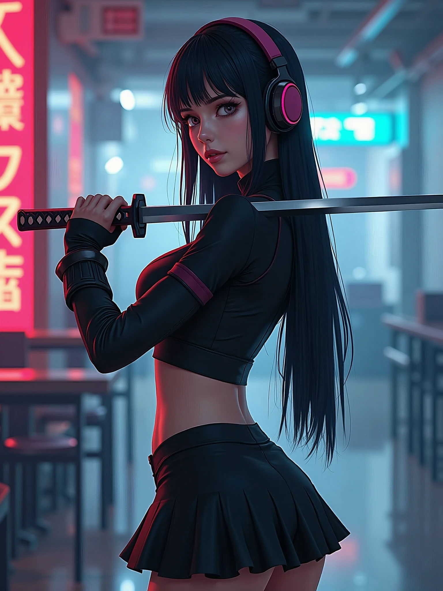 1woman,matured,perfect body,tall ,drawing a katana stance,stoic ,calm,cyber punk,school dress,skirt,high tech head phones,anime school scene,blunt bang hair,super long black hair,high tech cyber punk outfit,close up shot, AnimagineXL v3.1,