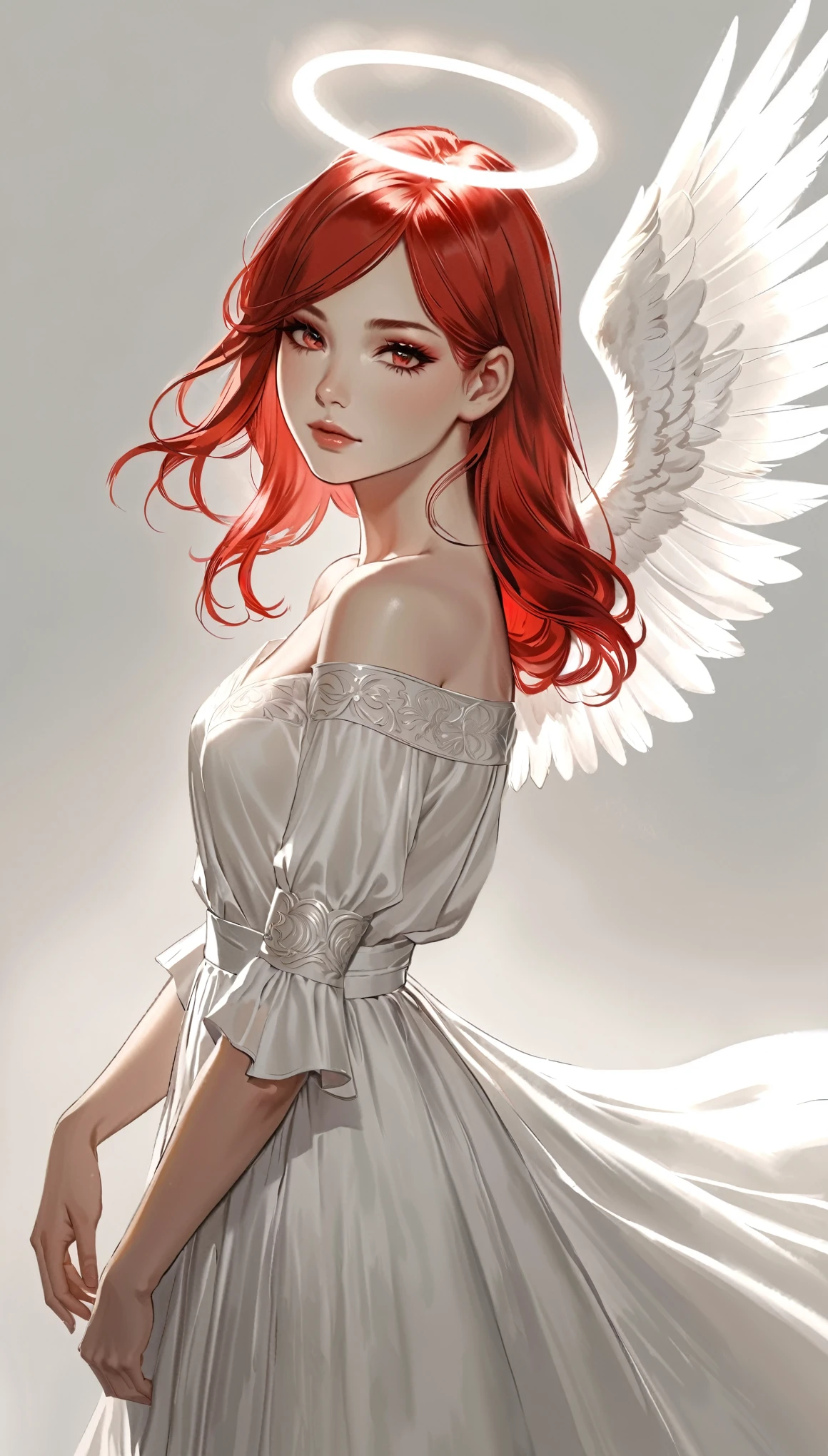 ,in style of Charlie Bowater White Angel，The only thing that glows is the halo，Black and red radiate，