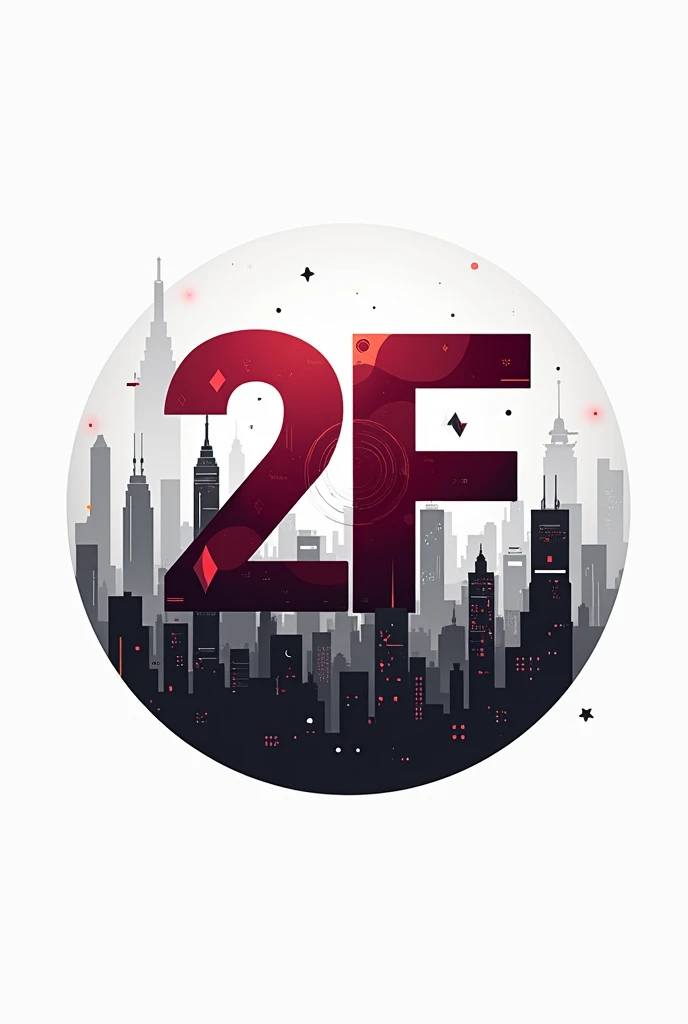 Groupchat circular logo with a name "2F". A futuristic advance cityscape with a large deconstructed maroon number and letter 2F in the foreground, while letter F silhouetted skyscrapers in the background, and abstract geometric shapes and elements in various shades of black, and white.
---