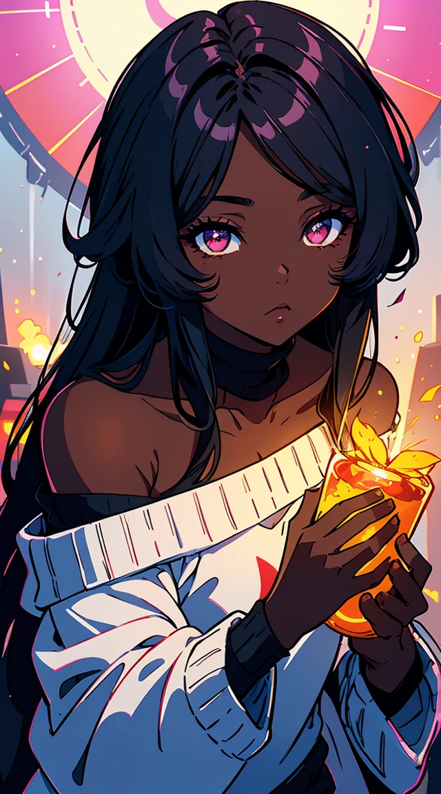 Upper body shot, ((beautiful black woman with flawless dark skin)), long hair with gradient glow, flare, electric colors, clearly defined facial features, big detailed eyes, ((( wearing an off the shoulder sweater))) glowing flowers in the background, masterpiece, best high quality image,96k, uhd, depth of field, 1080P wallpaper, spotlight, character focus, high quality, insanely detailed, UHD picture quality in the style of Amy Sol