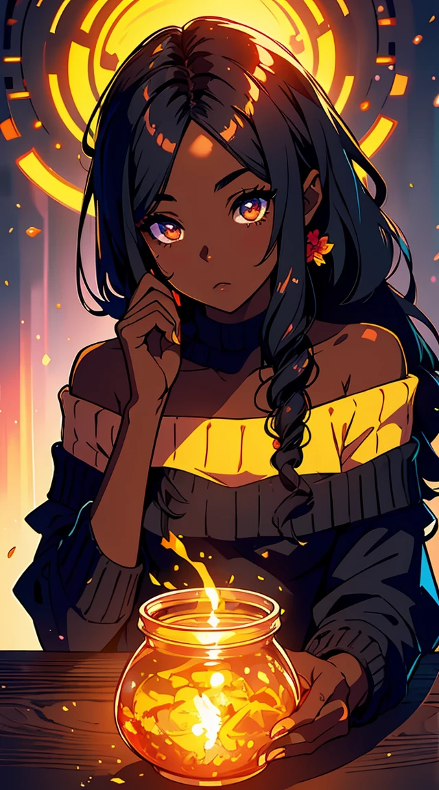 Upper body shot, ((beautiful black woman with flawless dark skin)), long hair with gradient glow, flare, electric colors, clearly defined facial features, big detailed eyes, ((( wearing an off the shoulder sweater))) glowing flowers in the background, masterpiece, best high quality image,96k, uhd, depth of field, 1080P wallpaper, spotlight, character focus, high quality, insanely detailed, UHD picture quality in the style of Amy Sol