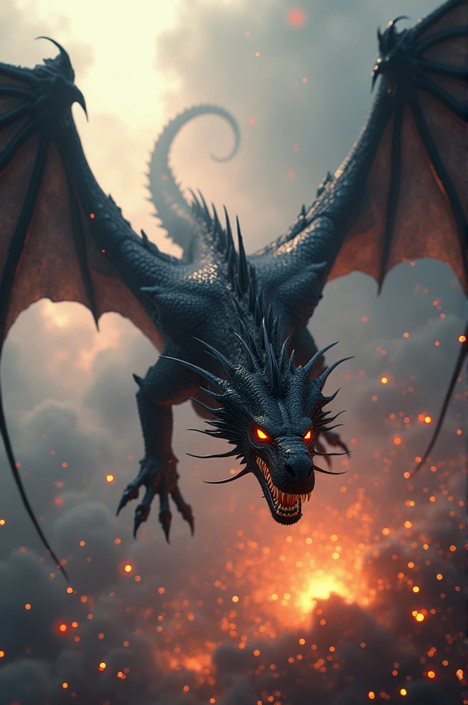 A black dragon is flying towards something in a place where sparks are flying.