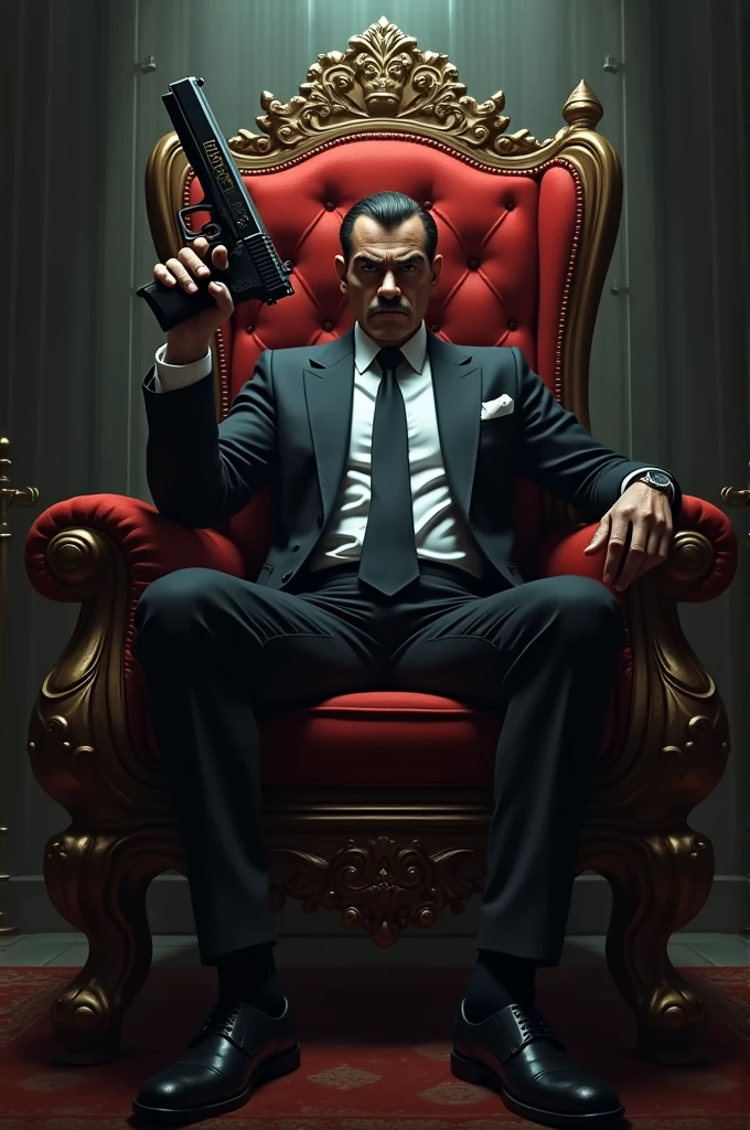 Mafia boss seating in the throne while holding a gun with uno name in the back