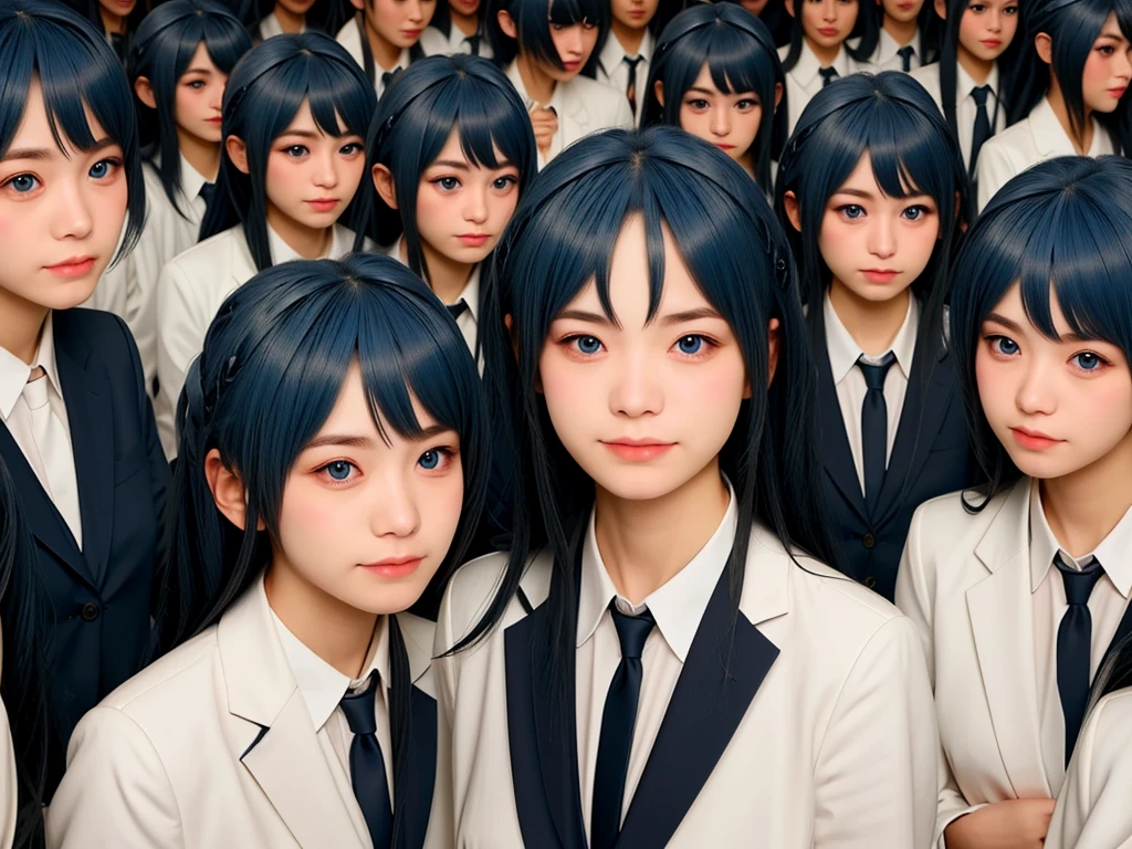 (((Clone Art、Very detailed depiction of a female avatar、8k: 1.5)))、Realistic、((16 years old))、((日本人のhigh school girl))、high school girl、((high school girl))、Beauty、woman、((Summer uniform、blue、White shirt、Skirt is light blue、White Pantyhose、Black leather shoes、Hair in a ponytail、smile: 1.9))、Beautiful Skin、Big Breasts、((There are many cloned humans who have the exact same face and body shape as the high school girl: 1.8))、Enclosure、数万人のhigh school girl、Standing、sitting、crowd、Group、Intensive、top view