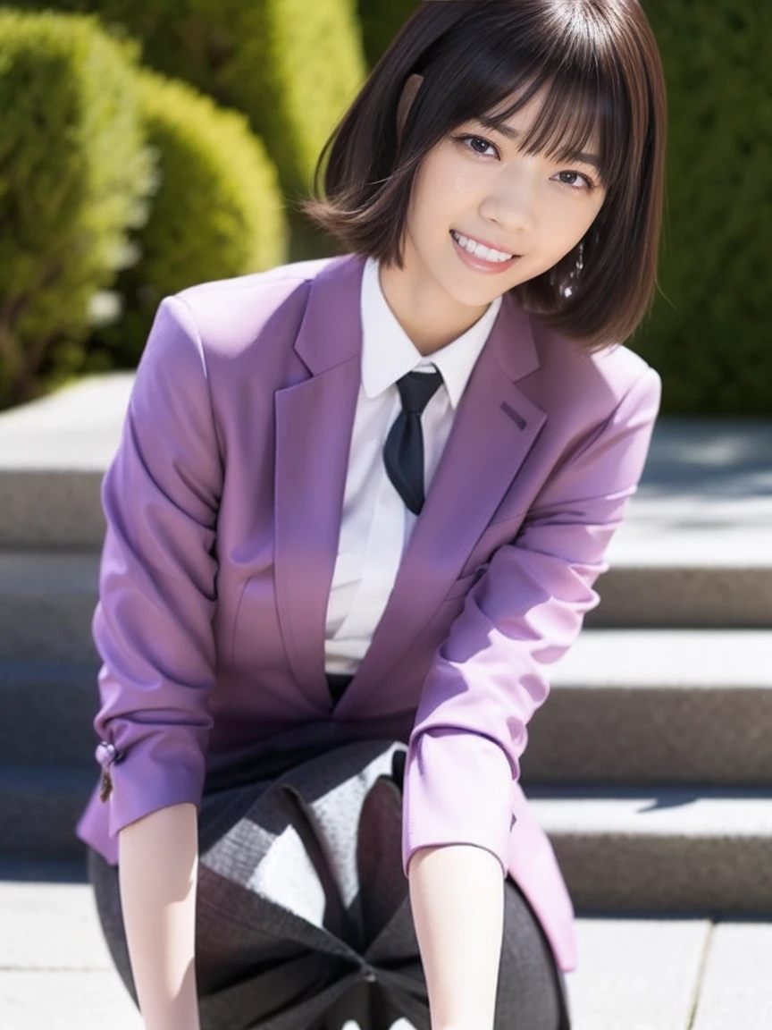 An Arafed woman in a purple suit and black stockings is walking down the sidewalk, Knee socks and skirt, Girl in suit, Girl in suit, Wearing a strict business suit, Dressed in a strict suit, Wearing a skirt and knee-high socks, Wear a business suit, Purple outfit, Office Clothes, Dress neatly, Wearing purple clothes, Wearing a jacket and skirt, Wearing a tight suit