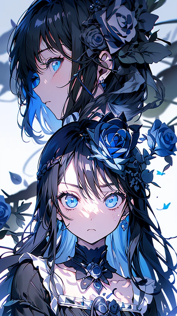 masterpiece、20 year old 1 girl、Black Hair、Long Hair、Blue eyes、Angry Face、Black suit、(((Blue Rose)))、Rose Background、Upper Body、((focus on her face)), profile