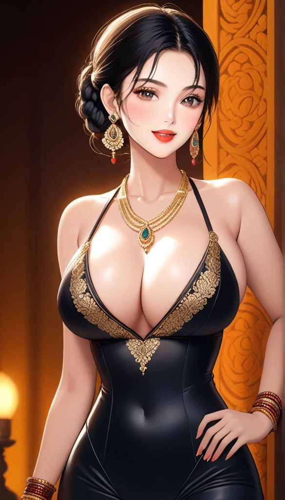 (1woman, , single hair braid, plunging neckline silk leotard, black jeans, intricate designs large kundan earrings, detailed alluring eyes, smooth detailed lips, beautiful face, smiling, red lipstick,  bangles, saggy breastorealistic, 8k, hyperdetailed, vibrant colors, studio lighting, masterpiece, cinematic composition, dramatic lighting, intricate details, highly realistic skin textures, volumetric lighting, beautiful intricate jewelry, warm color palette, natural lighting, elegant pose, beautiful detailed expression, hyper realistic rendering, seamless blending, flawless skin, glowing skin, delicate features, breathtaking realism, striking composition),tall , necklace, bangles ,full body view, cleavage , meeductive pose,