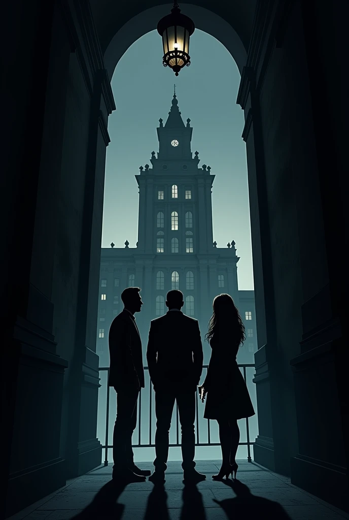 Background color: A dark color palette, predominantly gray and black tones, with bluish undertones to accentuate the mysterious atmosphere.
central image: An illustration or photograph of the Lucerne building, Buenos Aires , argentina. It should be an angular view from bottom to top, capturing its majesty and antiquity. The windows of the building have dim lights, and one or two windows are fully lit, suggesting activity or presence within.
Shadows: Silhouettes of three characters (Carlos, Elisa and Gerardo) standing in a dark hallway, with an antique lamp hanging above, shedding light on them. In Elisa's hand, The silhouette of a revolver is barely visible.