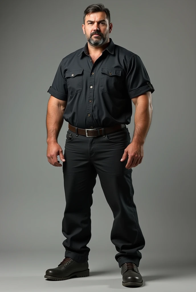 Make me a picture of a hot Bulgarian Man, he's years with a fair skin tone, dark brown eyes, and short black hair with some slight grey strands mixed in. He has a slight stubble on his face and he’s well built with a bulky dad bod physique. He’s around 6’4 feet tall, and is always well dressed in a black or navy blue shirt with work pants and his black work boots.