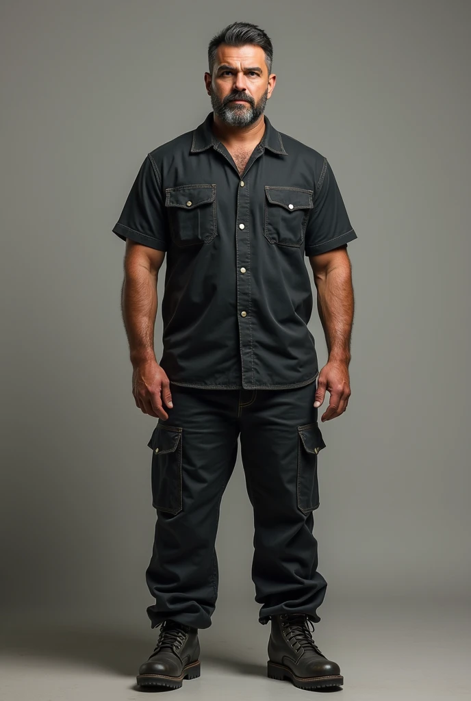 Make me a picture of a hot Bulgarian Man, he's years old with a fair skin tone, dark brown eyes, and short black hair with some slight grey strands mixed in. He has a slight stubble on his face and he’s well built with a bulky dad bod physique. He’s around 6’4 feet tall, and is always well dressed in a black or navy blue shirt with work pants and his black work boots.