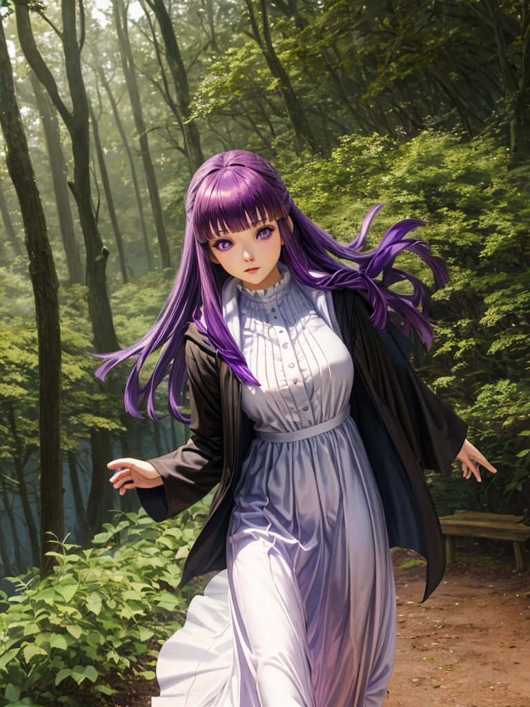 masterpiece, best quality, realistic, cosplayer, Korean girl, highres, aafern, long hair, purple hair, blunt bangs, purple eyes, small breasts, long dress, white dress, black robe, long sleeves, standing, forest, cowboy shot