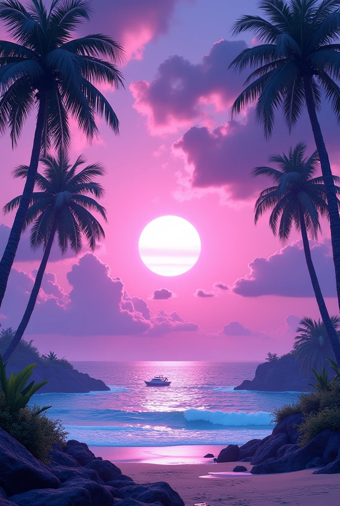 A beautiful vaporwave landscape, palm trees, a serene ocean, a vibrant purple sky with clouds, an island in the distance, a small boat on the water, high quality, ultra-detailed, 8k, hyper-realistic, photorealistic, concept art