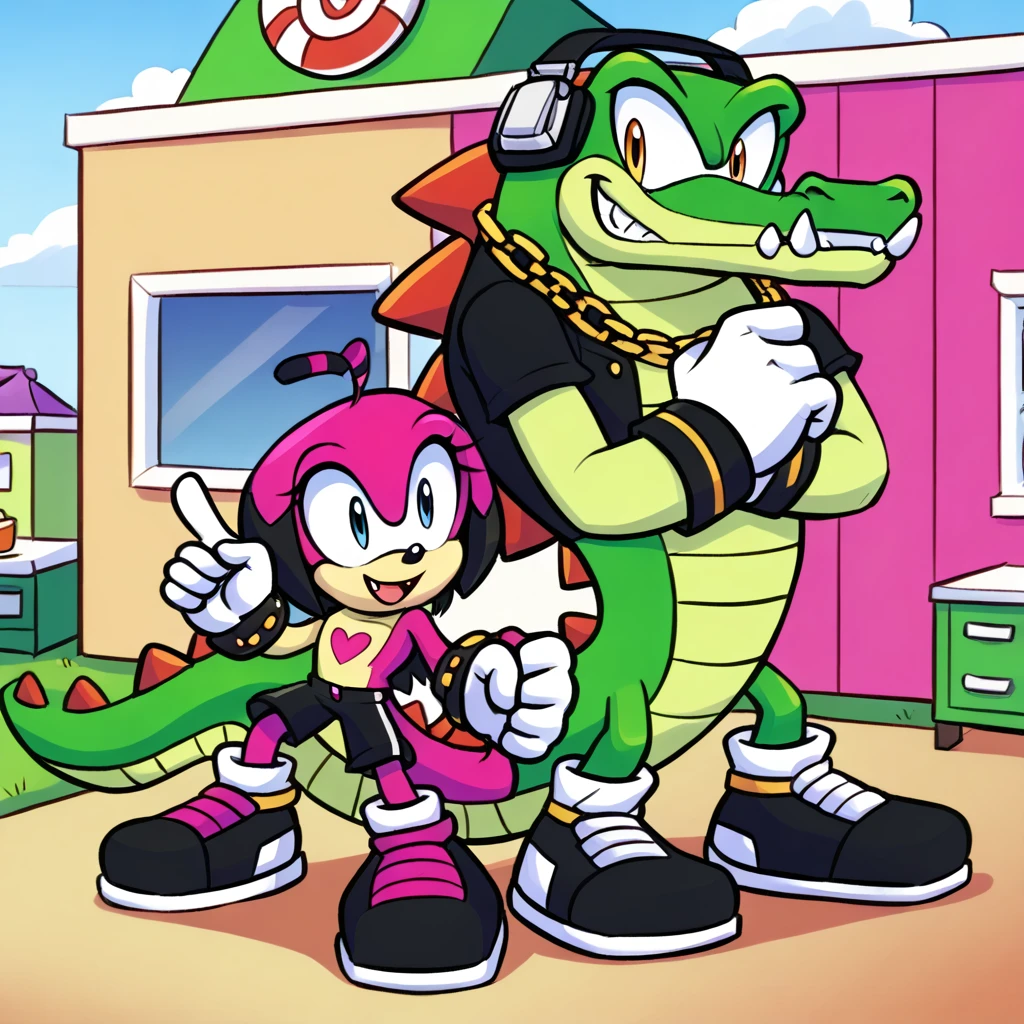 Custom avatar, Vector the alligator, wearing black shorts, and with his family, smiling bright, he is super exicted,