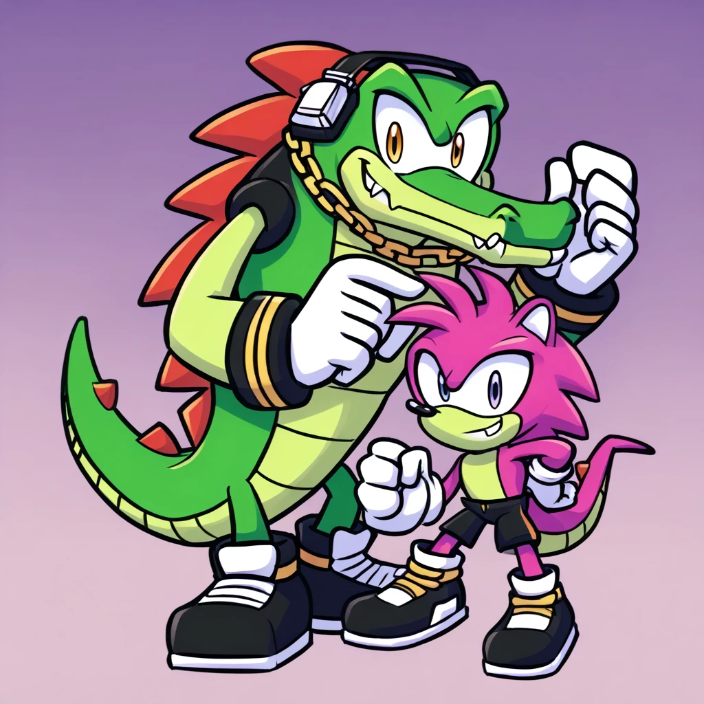 Custom avatar, Vector the alligator, wearing black shorts, and with his family, smiling bright, he is super exicted,