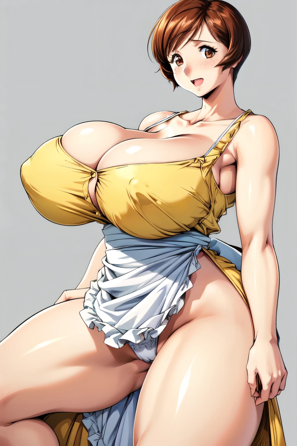 masterpiece, Highest quality, High resolution, One girl, alone, sexual intercourse, Pornographic images, short hair, etsukoto, Brown eyes, fine grain, fine grain, (white skin color), (((Thick thighs, Plump thighs, Voluptuous thighs, Thighs alone are enough))), ((Huge and enough breasts, Cleavage, Big long breasts)), Naughty big,((Big breasts are important))、((Naughty thighs)), L Cup, (thin:1.4),(Tight waist:1.4), (Yellow Dress:1.4), ((white waist apron)), White panties, (((Simple Background))), smile, Open your mouth, ((Wide Hips)), (Shiny skin, Oily skin), Mature mother, Calf, Seductive mature woman, Mature Woman, Perfect body, Plus Size Model, Curvy, enough, etsukoto, blush, clavicle, retro artstyle, 1990s (style), (Thick thighs:1.4), (from side:0.9), (standing), (((spread legs))), ((bare legs)),