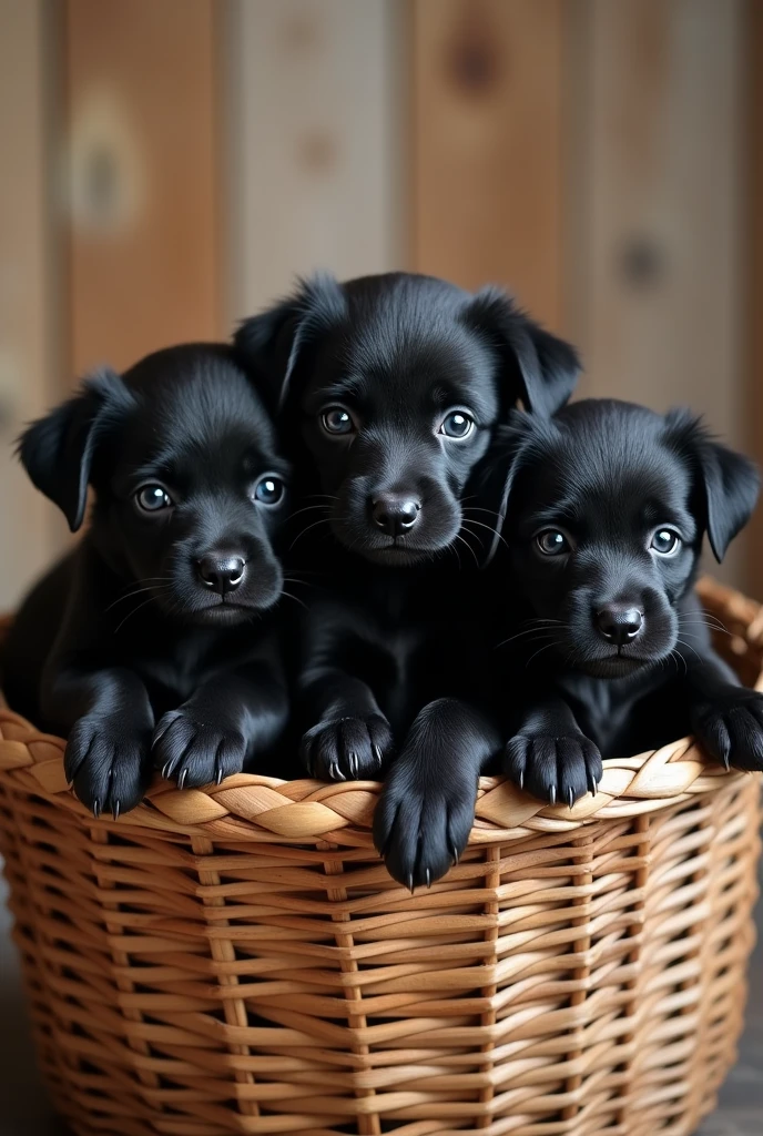 a basket full of little black dogs