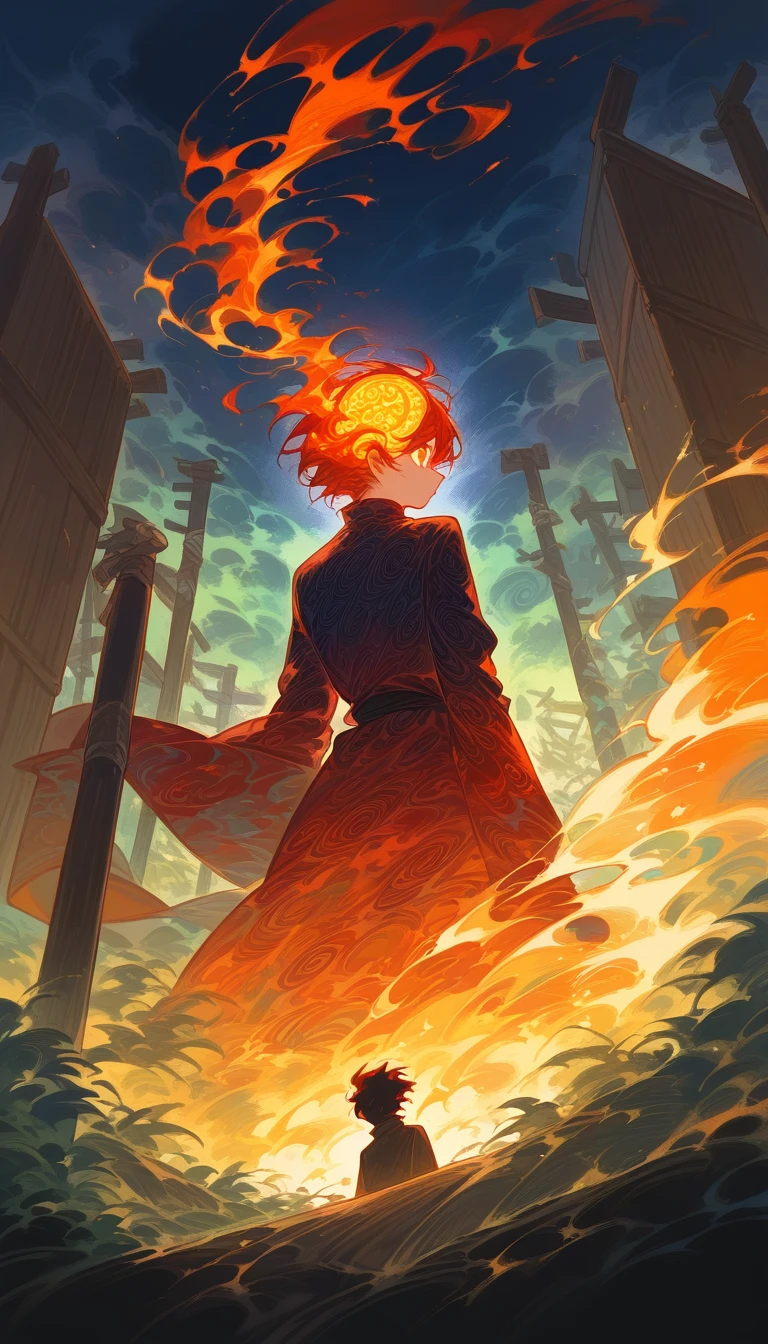 An intense and vibrant illustration viewed from a low angle, featuring a character with their back turned, looking up at the sky. The sky is ablaze with dramatic and swirling colors, predominantly deep blues and fiery oranges, creating a sense of movement and chaos. The character is wearing a detailed and patterned outfit with vivid reds, golds, and greens. The outfit has an ornate design with swirling patterns and an eye symbol prominently displayed on the back. The figure's head is covered with a cloth, and they appear to be standing near wooden structures or poles, adding to the surreal atmosphere. The lighting in the image is dynamic, with strong contrasts between the bright and shadowed areas, emphasizing the dramatic mood.