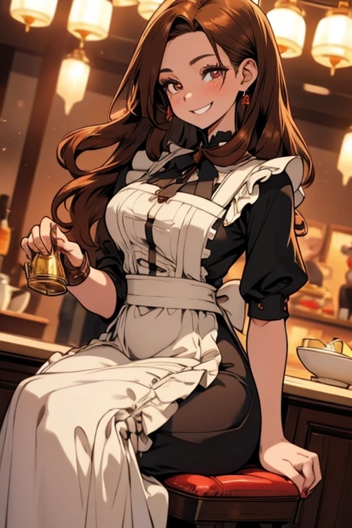 Perfect face. Perfect hands. A brown haired woman with copper eyes and an hourglass figure in a Lolita dress is serving tea in a maid cafe with a big smile