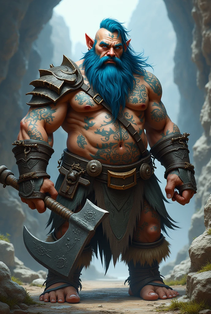 Dwarf 25 years old, tatuados, holding a giant axe with both hands, with big blue hair and scarred shaman
