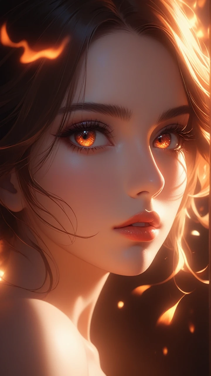 (masterpiece, best quality, high detailed, hyper detailed, cinematic lighting) 1 girl, beautiful detailed eyes, beautiful detailed lips, extremely detailed face and skin, long eyelashes, nude, abstract flames, dramatic lighting, volumetric lighting, chiaroscuro, precise details, cinematic composition
