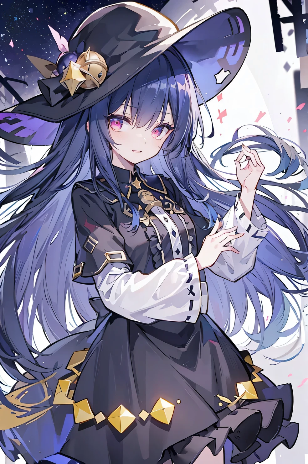 oung Girls,Humanity,A magician always smiles,big witch hat,cute,dark blue long hair,The eyes are dull,The bangs are heavy,Thin eyebrows,fantasy,intake,Double teeth,Star Theme,Constellation pattern,Solid color clothetal decoration,cloak,A bit of a dark atmosphere,A little crazy smile,When the big moon shines outside at night,blood,Hair black star embellishment,Short tie,No nails,High waist skirt,Bell sleeves,Long-sleeved shirt,Black tie,low risk,gentlemen。crap、Yellow and white effect,Shocking pink as an accent color,Starry sky background。