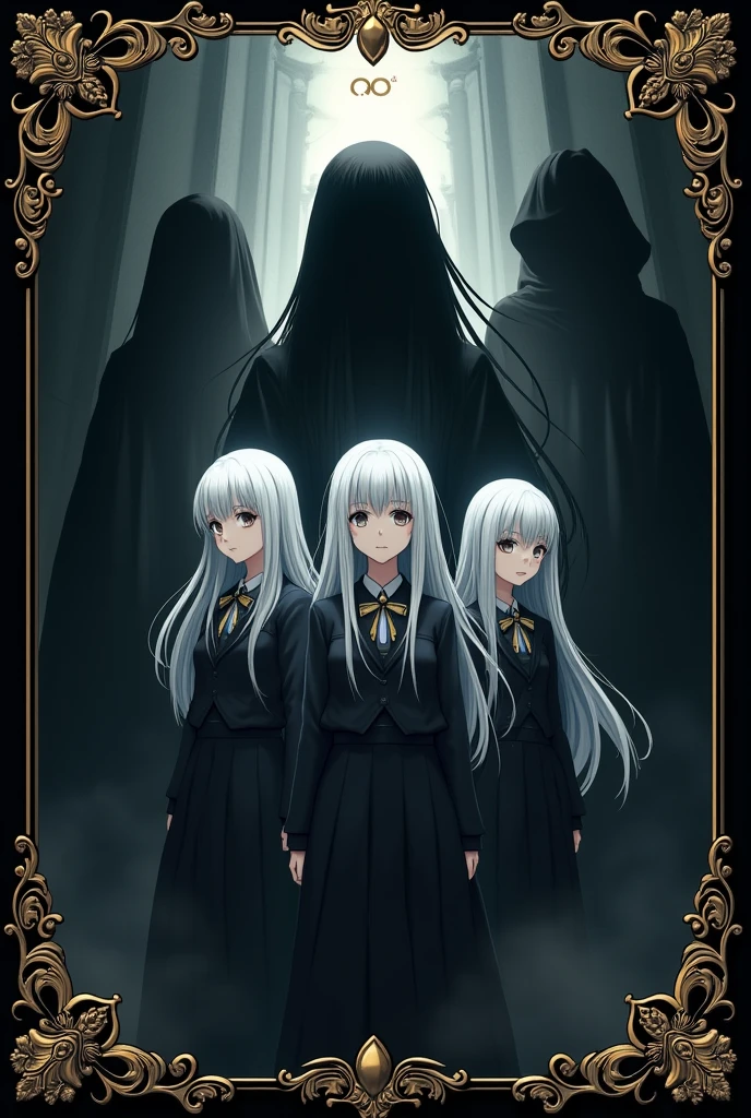 Make me a cover around it with a gold design, black background, "with several black humanoid shadows without faces around like ghosts that give chills", three girls in the middle, teenagers in school uniform, all three with white hair, different hairstyles each, A girl with a bow , mysterious atmosphere