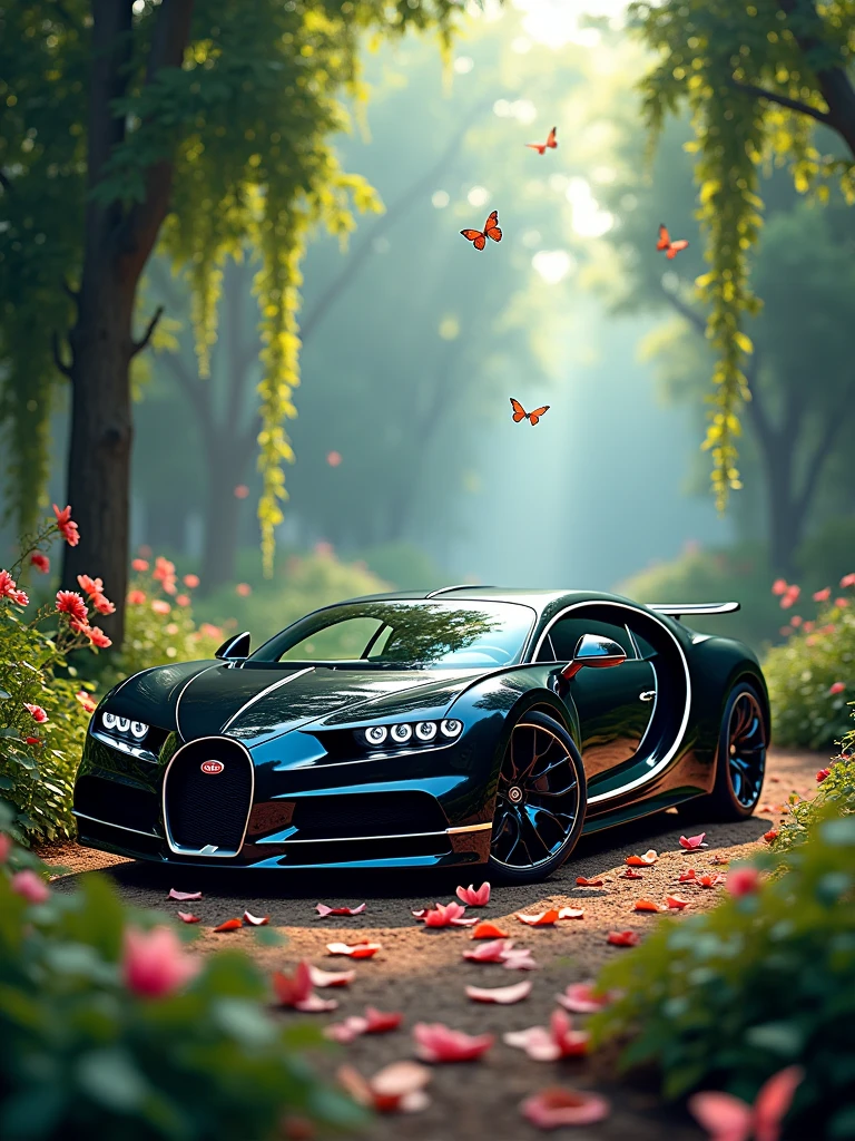 Here is the image of the Bugatti La Voiture Noire in an enchanted forest, surrounded by vibrant flowers, leaves, and butterflies. The scene captures the magical atmosphere you imagined.