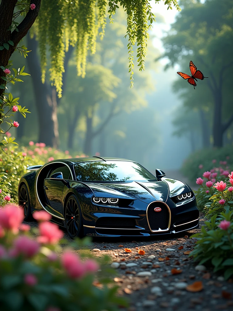 Here is the image of the Bugatti La Voiture Noire in an enchanted forest, surrounded by vibrant flowers, leaves, and butterflies. The scene captures the magical atmosphere you imagined.