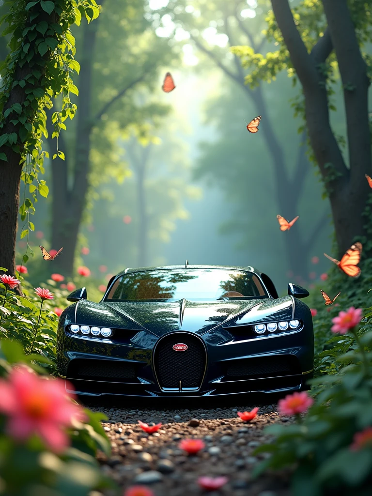 Here is the image of the Bugatti La Voiture Noire in an enchanted forest, surrounded by vibrant flowers, leaves, and butterflies. The scene captures the magical atmosphere you imagined.