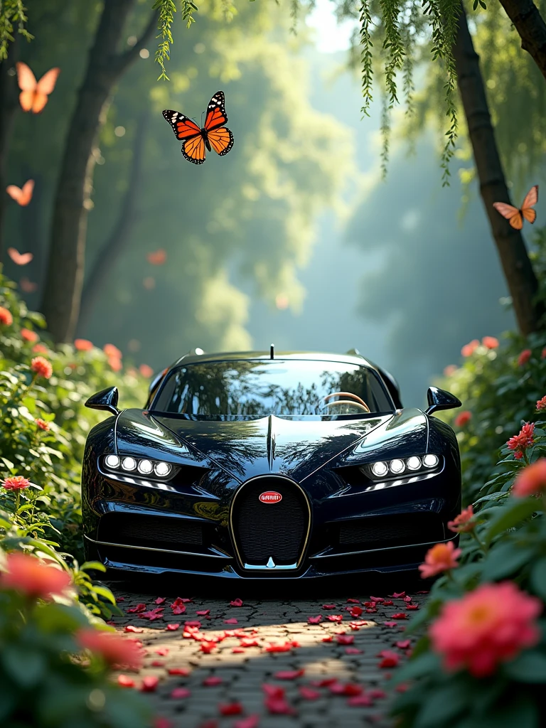 Here is the image of the Bugatti La Voiture Noire in an enchanted forest, surrounded by vibrant flowers, leaves, and butterflies. The scene captures the magical atmosphere you imagined.