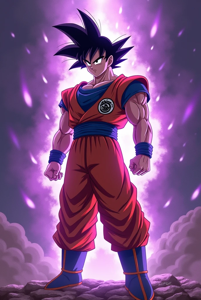 Make a goku‚ background color is purple‚ and reduce a light and power‚ it is use of power