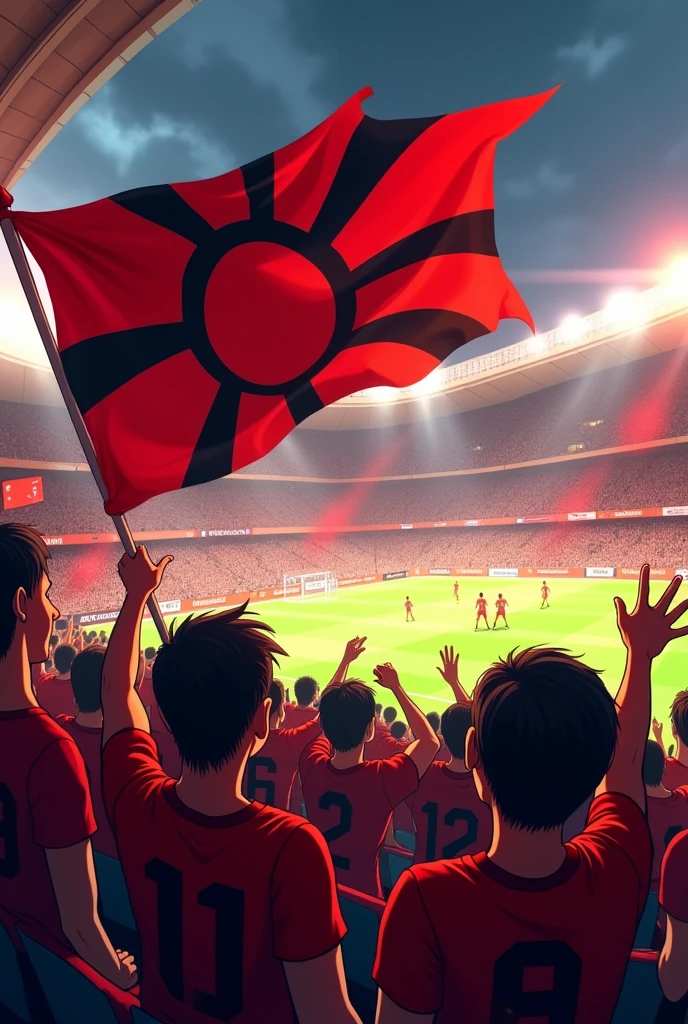 Fans of a soccer match, of a team called Mota whose colors are red and black. With totally crazy and euphoric canvas flag flares