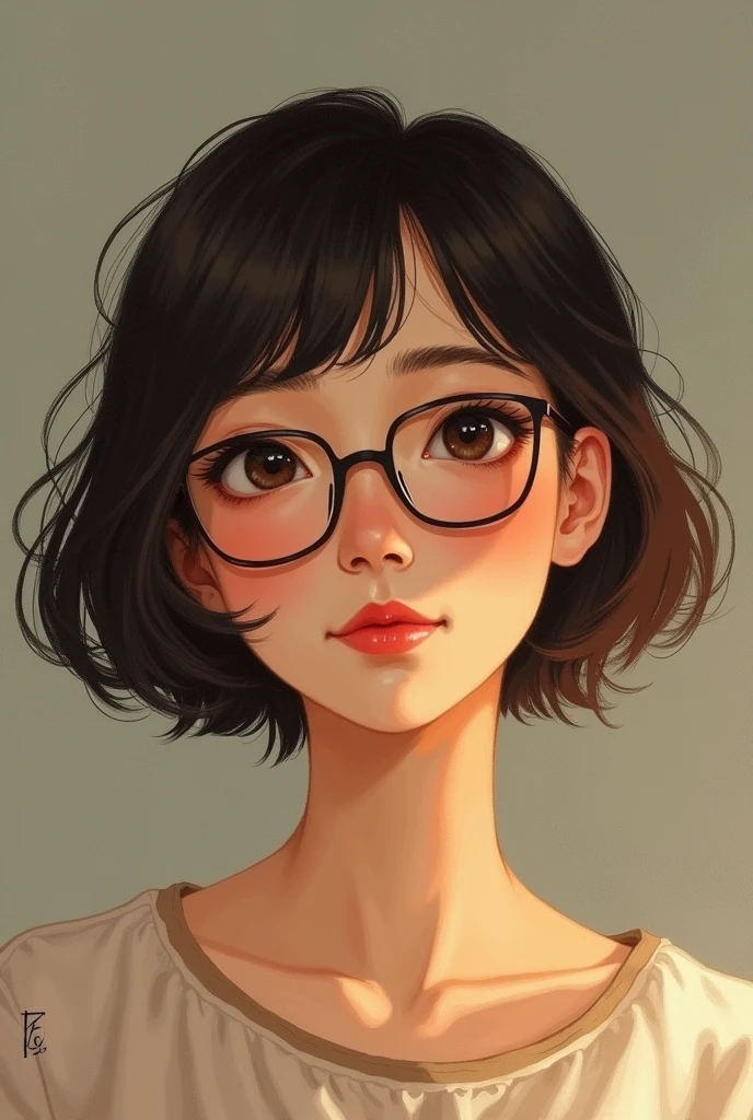 short hair, small eyes with glasses, a tender look, red lips, a round nose.