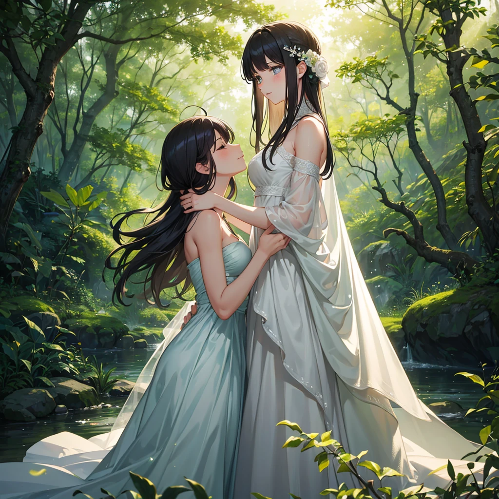 In a lush, hidden grove deep within an ancient forest, two girls share a moment of profound connection as the golden light with a affection of ldeeo love with a sexy comboof the setting sun filters through the trees. Both dressed in elegant, flowing gowns that shimmer with every movement, they move closer, their eyes locked in an unspoken understanding. One girl, with long, cascading hair, gently touches the other’s face, their emotions evident in the tender way they interact. The forest around them seems to come alive, the soft rustling of leaves and the distant sound of a waterfall creating a perfect backdrop for their quiet intimacy in a deep moment of eye with sharing the thaughts of their felling most. As they hold each other close, the world outside fades away, leaving only the palpable warmth of their love and the beauty of the natural world that surrounds them.