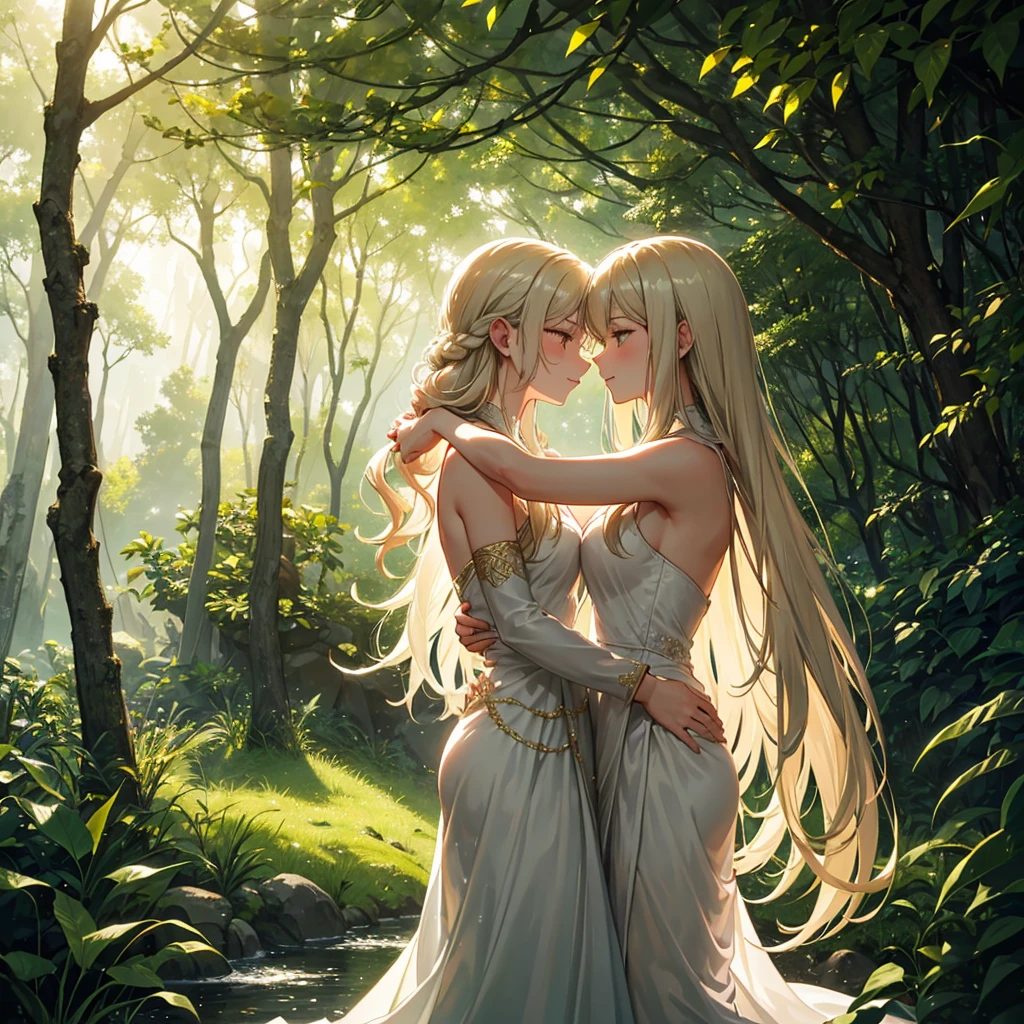 In a lush, hidden grove deep within an ancient forest, two girls share a moment of profound connection as the golden light with a affection of ldeeo love with a sexy comboof the setting sun filters through the trees. Both dressed in elegant, flowing gowns that shimmer with every movement, they move closer, their eyes locked in an unspoken understanding. One girl, with long, cascading hair, gently touches the other’s face, their emotions evident in the tender way they interact. The forest around them seems to come alive, the soft rustling of leaves and the distant sound of a waterfall creating a perfect backdrop for their quiet intimacy in a deep moment of eye with sharing the thaughts of their felling most. As they hold each other close, the world outside fades away, leaving only the palpable warmth of their love and the beauty of the natural world that surrounds them.