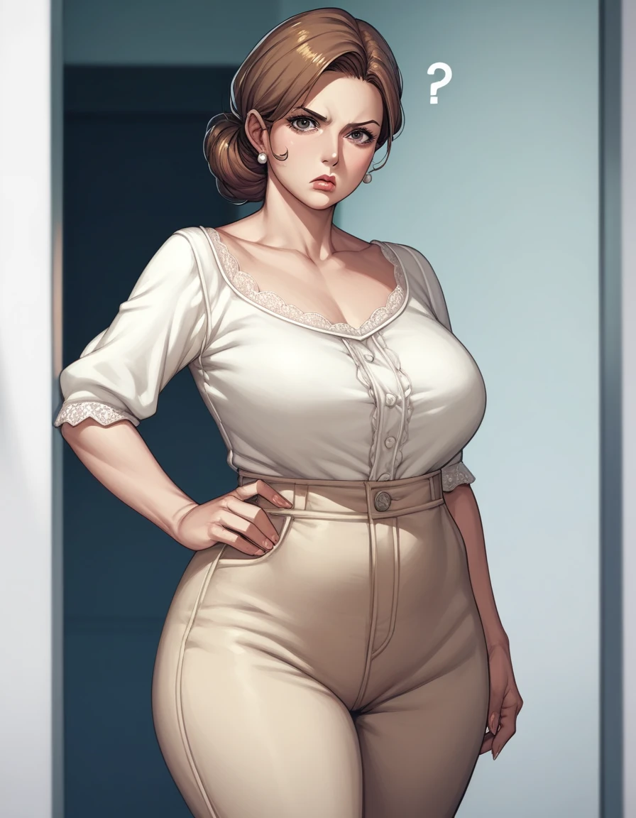 score_9, score_8_up, score_7_up, source_anime,1girl, mature female, brown hair, curvy mother, wide hips, normal breast,(confused expression:1.2), looking at viewer, standing, sexy white blouse, beige pants, half complete body view