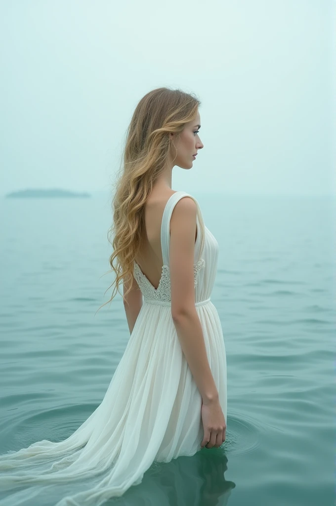 A photo of the back of a fair-skinned woman in a white dress standing in the sea