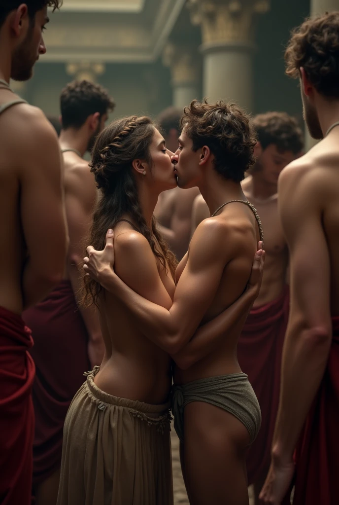 a mother and son as slaves in ancient rome, forced to kiss surrounded by people, naked bodies, dramatic scene, 3/4 body view, (best quality,4k,8k,highres,masterpiece:1.2),ultra-detailed,(realistic,photorealistic,photo-realistic:1.37),dramatic lighting,chiaroscuro,cinematic composition,intense emotion,vulnerable expression,intricate details,muted color palette,moody atmosphere