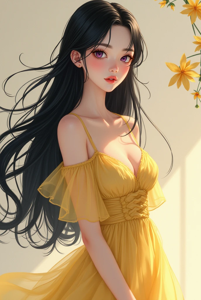 manhwa adult female character full body. black long hair, lavender eyes. tiny mole on the left cheek bone. pink lips. yellow dress