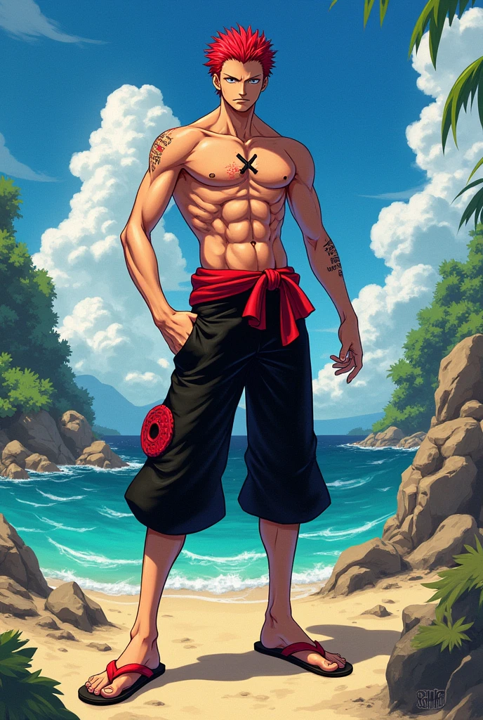 Um personagem de One Piece, he has red hair, wears black pants with a red detail, is 2 meters and 40 centimeters tall, He has a scar on his right eye and another scar on his chest that is shaped like an X and he also wears red flip-flops., thin and not very muscular 