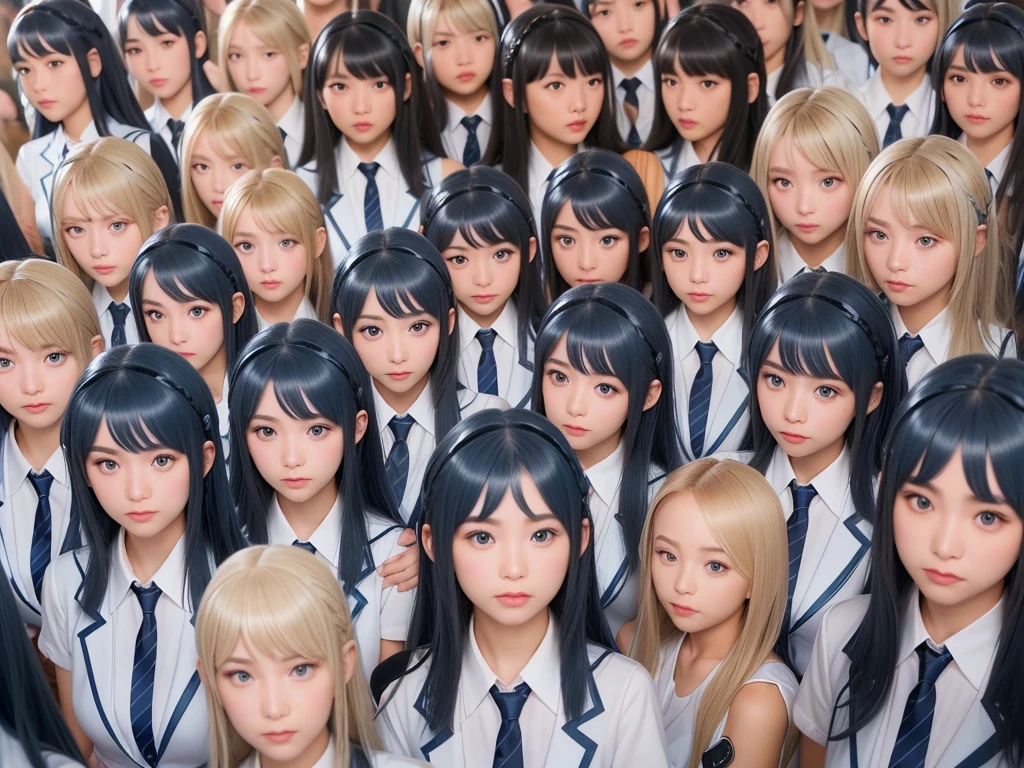 (((Clone Art、Very detailed depiction of a female avatar、8k: 1.5)))、Realistic、((16 years old))、((日本人のhigh school girl))、high school girl、((high school girl))、Beauty、woman、((Summer uniform、blue、White shirt、Skirt is light blue、White Pantyhose、Black leather shoes、Hair in a ponytail、smile: 1.9))、Beautiful Skin、Big Breasts、((There are many cloned humans who have the exact same face and body shape as the high school girl: 1.8))、Enclosure、数万人のhigh school girl、Standing、sitting、crowd、Group、Intensive、top view
